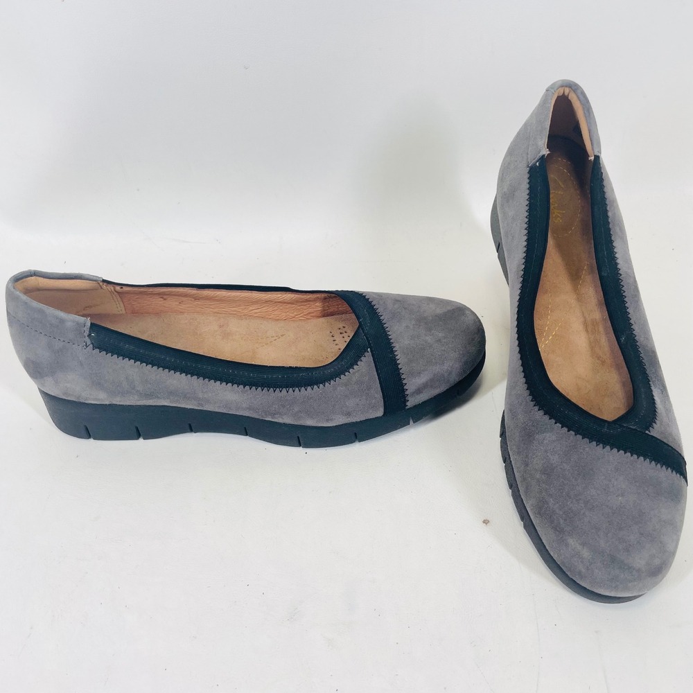 Clarks Artisan Womens 8 Grey Suede Wedge Pumps Slip On Shoes 13288